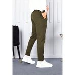Yakamel Erkek Haki Slim Fit Bilek Boy Esnek Kumaş Yüksek Bel Cepli Kumaş Pantolon