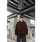 Yakamel Erkek Kahverengi Bol Kalıp Basic Baskısız Düz Sweatshirt Hırka