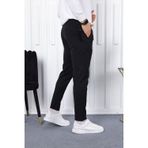 Yakamel Erkek Siyah Slim Fit Bilek Boy Esnek Kumaş Yüksek Bel Cepli Kumaş Pantolon