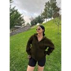 YAKAMEL Haki Kadın Düz Fermuarlı Oversize Hırka Sweatshirt