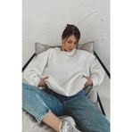 Yakamel Kadın Beyaz Basic Uzun Kollu Bisiklet Yaka Oversize Sweatshirt