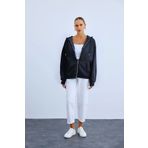 YAKAMEL Kadın Fermuarlı Şardonlu Oversize Kapşonlu Hırka Sweatshirt