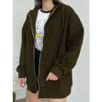 Yakamel Kadın Haki Fermuarlı Kapşonlu Kanguru Cep Basic Sweatshirt Hırka
