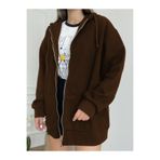 YAKAMEL Kadın KAHVERENGİ Fermuarlı Kapşonlu Kanguru Cep Basic Sweatshirt Hırka
