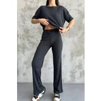 YAKAMEL Kadın Kısa Kollu T-shirt Takım Ottoman Dokulu Salaş Ispanyol Fitilli Takım