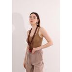Yakamel Kadın Krem Fitilli Görünümlü Askılı Basic Esnek Yazlık Spor Atlet - XL