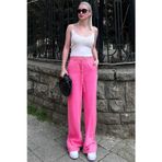 Yakamel Kadın Pembe Bol Paça Dokulu Cepli Palazzo Bürümcük Kumaş Pantolon