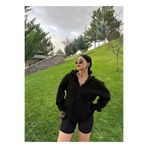YAKAMEL Siyah Kadın Düz Fermuarlı Oversize Hırka Sweatshirt