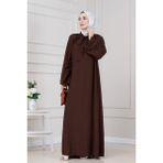 Yakası Bağcıklı Lara Elbise-Kahverengi - Açık Mavi - 2