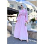 Yakası Bağcıklı Lara Elbise-Pembe - 1