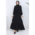 Yakası Fırfırlı Kuşaklı Elbise 2123-01 Siyah - 38 - 40