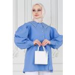 Yakası Taş Çakım Tunik-Mavi