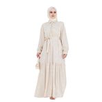 Yakası Taşlı Jakar Saten Abiye Elbise-Bej