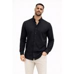 YAKE STORE Erkek KETEN Kumaş Oversize Uzun Kollu Rahat Kalıp Gömlek - Siyah - Siyah