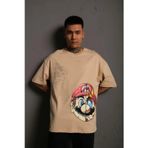 YAKE STORE Erkek Mario Baskılı Oversize T-Shirt - Bej - Bej