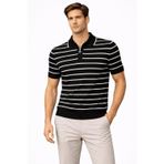 YAKE STORE Erkek Triko Polo Yaka Fermuarlı Çizgili Tişört T-Shirt Yazlık Şık - Siyah - Siyah