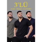 YAKE STORE Erkek Waffle Dokuma Açık Yakalı Düğmeli Regular Kalıp 3’lü Gömlek Seti - Siyah, Haki, Lacivert - Çok Renkli