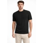 YAKE STORE Erkek Yazlık Fitilli Triko Tişört Kısa Kol Bisiklet Yaka T-Shirt - Siyah - Siyah