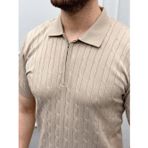 YAKE STORE Erkek Yazlık Triko Saç Örgü Tişört Kısa Kol Polo Yaka Fermuarlı T-Shirt - Bej - Bej