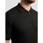 YAKE STORE Erkek Yazlık Triko Saç Örgü Tişört Kısa Kol Polo Yaka Fermuarlı T-Shirt - Siyah - Bej