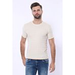 YAKE STORE Kendinden Desenli Örme Krem Bisiklet Yaka T-shirt - Wessi - Krem