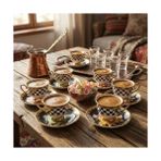 Yakestore 6 Kişilik Porselen Türk Kahvesi Fincan Takımı - Siyah Beyaz Damalı, Gold Yaldızlı ve Renkli Çiçek Desenli Tabaklı 12 Parça Lüks Sunum Seti - 001-Renkli