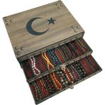 Yaman Hediyelik Kişiye Özel Ahşap Tesbih Koleksiyon Kutusu, Aksesuar Kutusu, Tesbihlik (30 Tesbihlik) - Desen-Ay Yıldız Üç Hilal