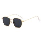 YAMEIZE Vintage Kare Sunglassess Kadın Erkek Retro Küçük Altıgen Çerçeve Kare Güneş Gözlüğü 90s Metal Gözlük UV400, Altın / gri
