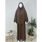 Yandan Büzgülü Elbise Sufle Esarp Takım Jilbab,abaya,hijab ( Hac ve Umre Için Uygundur) Kahve - Standart