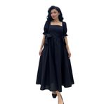 Yandan Fiyonklu Kare Yaka Kloş Poplin Elbise (Siyah, XL)