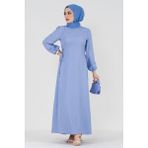Yanı Bağcıklı Keten Elbise-Bebe Mavi - 40