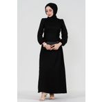 Yanı Bağcıklı Keten Elbise-Siyah