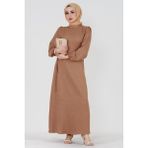 Yanı Bağcıklı Keten Elbise-Vizon - 38