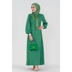 Yanı Bağcıklı Keten Elbise-Yeşil - Kiremit - 44