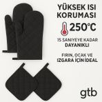 Yanmaz ve Isıya Dayanıklı Fırın Eldiveni ve Tutacak (2 Eldiven, 2 Tutacak) Unisex Kullanım - Standart - Siyah