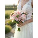 Yapay Çiçek Gelin Çiçeği Buketi Pembe Açık Gül Lilyum Ve Aradal Çiçekleri 40*25Cm