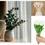 Yapay Çiçekçiniz Dekoratif 3’lü Set: 8’li Yapay Lale Demeti + Okaliptus Demeti + 3’lü Pamuk Otu – Salon & Masa Çiçek Aranjmanı