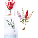 Yapay Çiçekçiniz Lüks Yapay Çiçek Aranjman Seti – 1 Adet Okaliptus Dalı + 3 Adet Delphinium Çiçeği + 7 Dallı Kırmızı Bahardalı Demeti