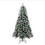 Yapay Noel ağacı, 120/150/180/210/240 cm çam ağacı, karlı, kozalaklı ve kırmızı böğürtlen dekorasyonu, PVC yapraklar, karlı uçlar, metal ayaklı, çam doğal beyaz karlı, 210 cm