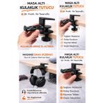 Yapı3D Masa Altı Kulaklık Tutucu Aparat | Sıkıştırmalı Kulaklık Askısı | Oyuncu & Ofis Masası Düzenleyici Stand - Siyah