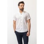 Yaprak Desenli Bej Rengi Slim Fit Apaç Yaka Kısa Kollu Erkek Gömlek - 2XL - Bej - Beyaz