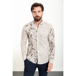 Yaprak Desenli Bej Slim Fit Uzun Kollu Gofre Erkek Gömlek - 2XL