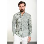 Yaprak Desenli Haki Slim Fit Uzun Kollu Gofre Erkek Gömlek