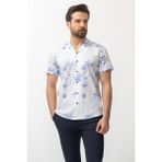 Yaprak Desenli Lacivert Renk Slim Fit Kısa Kollu Apaç Yaka Erkek Gömlek - 2XL - Beyaz - Saks