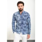 Yaprak Desenli Lacivert Slim Fit Uzun Kollu Gofre Erkek Gömlek - 2XL
