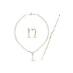 Yaprak Taşlı Doğal İncili Küpe Kolye Bileklik Üçlü Set (Rose)