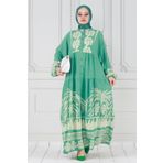 Yarasa Kol Karışık Desen Viscon Elbise-Mint Yeşili