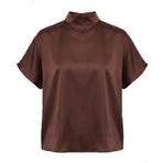 Yarasa Kol Salaş Bluz - Kahve - Saten Dokulu Hafif Parlak Bluz - Arkadan Dekolteli Bluz - Kadın T-shirt - Kadın Tişört (36)