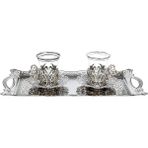Yaren Style İkili Osmanlı Lale Dekorlu Kuplu Çay Bardağı, Çay Kaşığı & Tepsili - Gümüş - 150 ml