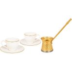 Yaren Style Ikili Porselen Sade Gül Çizgili ve Altın Yaldızlı Kahve Fincan Seti + Cezve - Beyaz - 90 ml